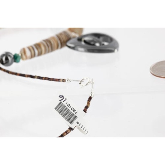 Heart $200 Certified Authentic Navajo .925 Sterling Silver Graduated Melon Shell and Hematite Turquoise Native American Necklace 790101-16 Heart $200 Certified Authentic Navajo .925 Sterling Silver Graduated Melon Shell and Hematite Turquoise Native American Necklace 790101-16