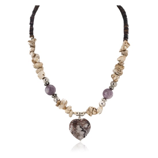 Heart .925 Sterling Silver Certified Authentic Navajo White Howlite Charoite Native American Necklace 15778
