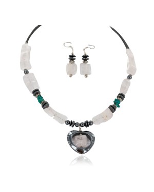 Heart .925 Sterling Silver Hooks Certified Authentic Navajo Natural Turquoise Pink Quartz and Hematite Native American Set 18234-3-18237-2