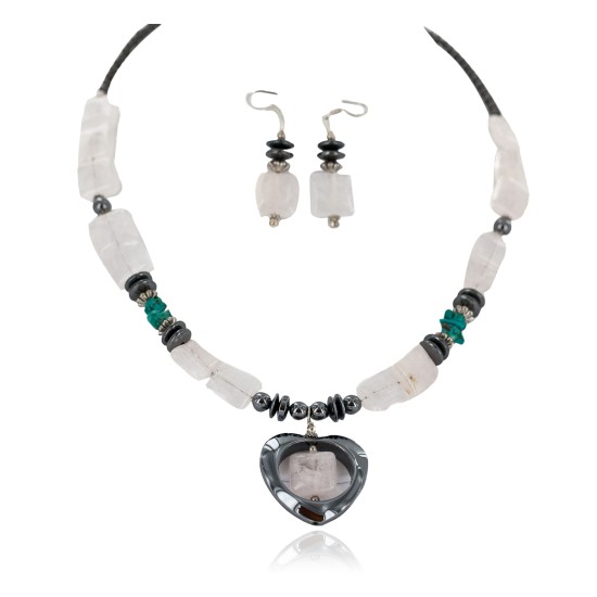 Heart .925 Sterling Silver Hooks Certified Authentic Navajo Natural Turquoise Pink Quartz and Hematite Native American Set 18234-3-18237-2