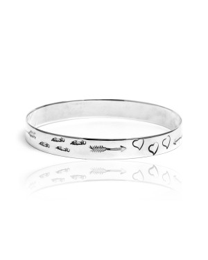 Heart Arrow Feather Sun .925 Sterling Silver Certified Authentic Hopi Handmade Native American Bangle Bracelet 22215
