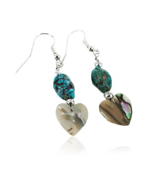 Heart Certified Authentic Navajo .925 Sterling Silver Hooks Natural Turquoise and Abalone Native American Dangle Earrings 18057