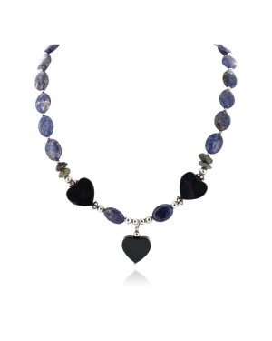 Heart Certified Authentic Navajo .925 Sterling Silver Natural Lapis Black Onyx Turquoise Native American Necklace 15760-11-0