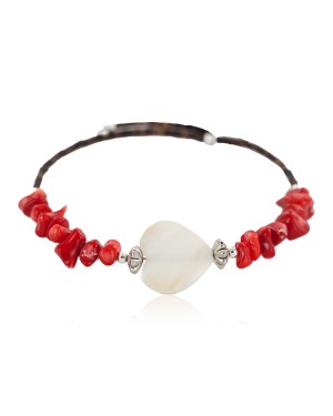 Heart Certified Authentic Navajo Heishi Coral Mother of Pearl Native American Adjustable Wrap Bracelet 13159-9