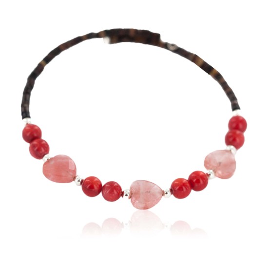 Heart Navajo Certified Authentic Heishi Coral Pink Quartz Native American Adjustable Wrap Bracelet 13151-76