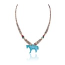 Horse .925 Sterling Silver Carved Animal Navajo Native American Natural Turquoise Graduated Melon Shell Coral Necklace 17058