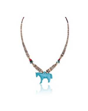 Horse .925 Sterling Silver Certified Authentic Carved Fetish Navajo Native American Natural Turquoise Graduated Melon Shell Coral Necklace 17058