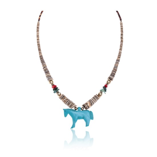 Horse .925 Sterling Silver Certified Authentic Carved Fetish Navajo Native American Natural Turquoise Graduated Melon Shell Coral Necklace 17058