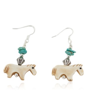 Horse Certified Authentic Navajo .925 Sterling Silver Hooks Natural Turquoise and Bone Dangle Native American Earrings 97002-16