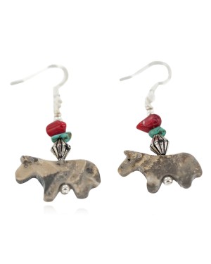 Horse Certified Authentic Navajo .925 Sterling Silver Hooks Natural Turquoise and Green Jasper Coral Dangle Native American Earrings 97002-8