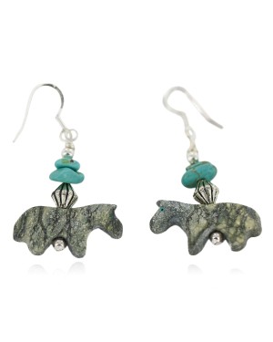 Horse Certified Authentic Navajo .925 Sterling Silver Hooks Natural Turquoise and Green Jasper Dangle Native American Earrings 97002-9