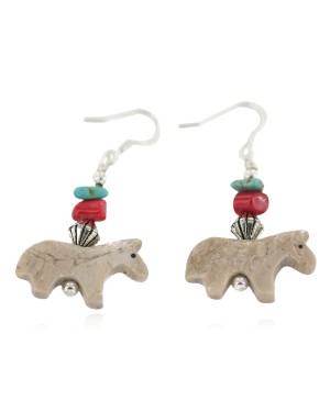 Horse Certified Authentic Navajo .925 Sterling Silver Hooks Natural Turquoise and Jasper Coral Dangle Native American Earrings 97002-14