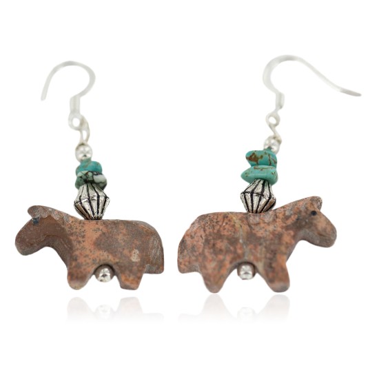 Horse Certified Authentic Navajo .925 Sterling Silver Hooks Natural Turquoise and Jasper Dangle Native American Earrings 97002-3