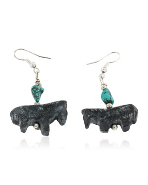 Horse Certified Authentic Navajo .925 Sterling Silver Hooks Natural Turquoise Jet Dangle Native American Earrings 18146-1