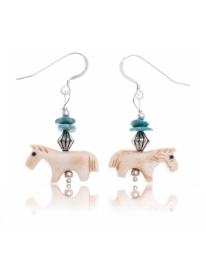 Horse Natural Turquoise and Bone .925 Sterling Silver Hooks Certified Authentic Navajo Native American Dangle Earrings 97002-02