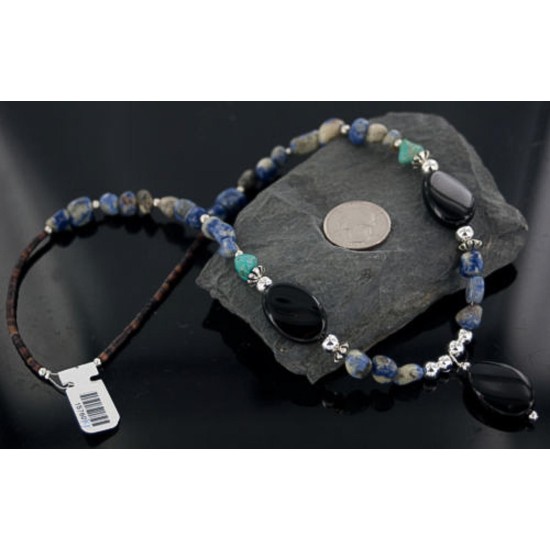 HUGE Certified Authentic Navajo .925 Sterling Silver Turquoise, Lapis and Black Onyx Native American Necklace 390907265086