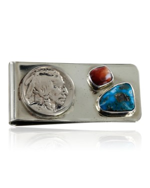 Indian Head Coin Handmade Certified Authentic Ben Taylor Rigg Navajo Nickel Natural Turquoise and Spiny Oyster Native American Money Clip 11242