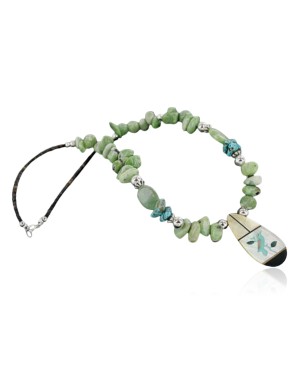 Inlaid Bird Certified Authentic Navajo .925 Sterling Silver Gaspeite and Turquoise Native American Necklace 390687041725