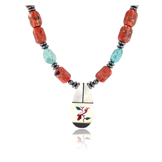 Inlaid Bird Certified Authentic Navajo .925 Sterling Silver Jasper Turquoise Native American Necklace 750114-4