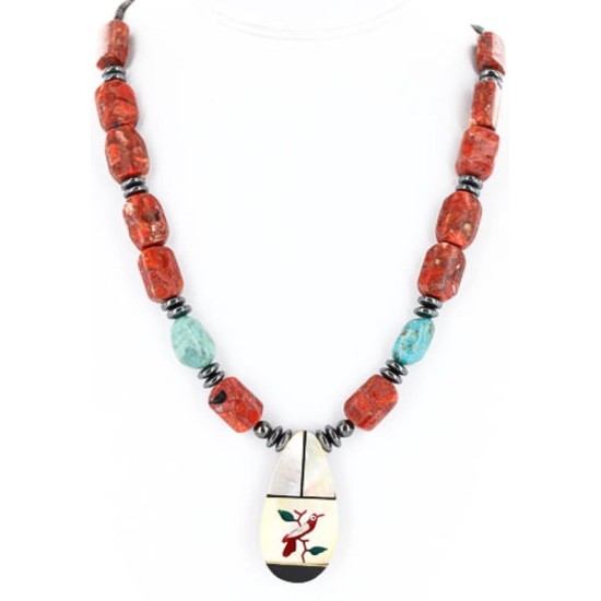 Inlaid Bird Certified Authentic Navajo .925 Sterling Silver Jasper Turquoise Native American Necklace 750114-4