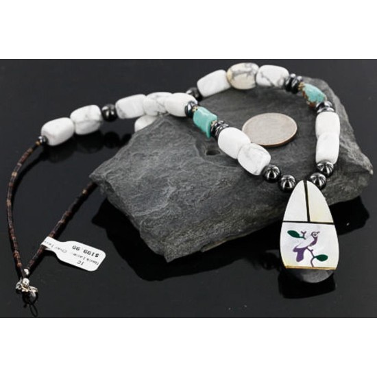 Inlaid Bird Certified Authentic Navajo .925 Sterling Silver WHITE Turquoise Turquoise Native American Necklace 390886333413