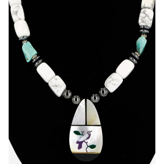 Inlaid Bird Certified Authentic Navajo .925 Sterling Silver WHITE Turquoise Turquoise Native American Necklace 390886333413