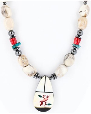 Inlaid BirdCertified Authentic Navajo .925 Sterling Silver Agate Hematit Coral Native American Necklace 390813159541