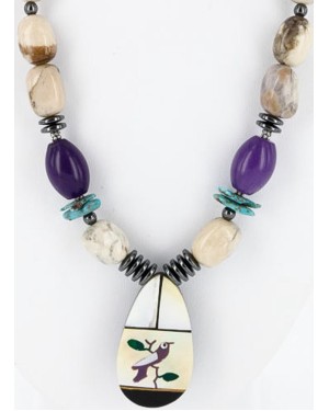 Inlaid BirdCertified Authentic Navajo .925 Sterling Silver Agate Turquoise Native American Necklace 371030930484