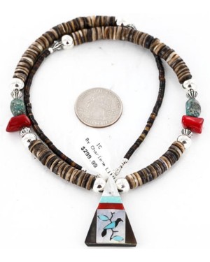 Inlaid BirdCertified Authentic Navajo .925 Sterling Silver Graduated Melon Shell and Coral Native American Necklace 390839374303