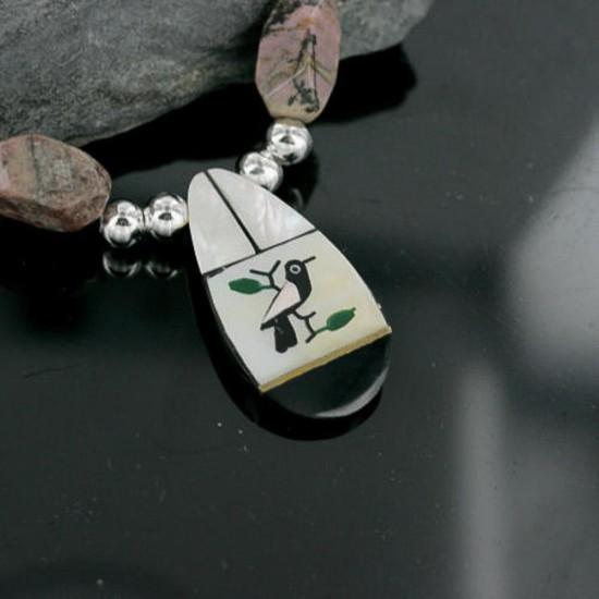 Inlaid BirdCertified Authentic Navajo .925 Sterling Silver Jasper and Turquoise Native American Necklace 15422-74