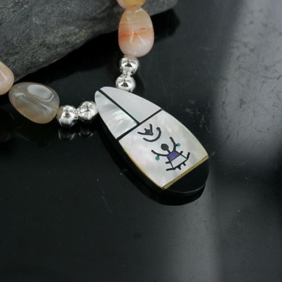 Inlaid Certified Authentic Navajo .925 Sterling Silver Carnelian and Turquoise Native American Necklace 15213-20-0