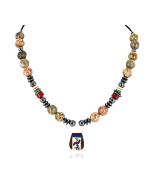 Inlaid Certified Authentic Navajo .925 Sterling Silver Turquoise Coral Jasper Hematite Native American Necklace 750181-1