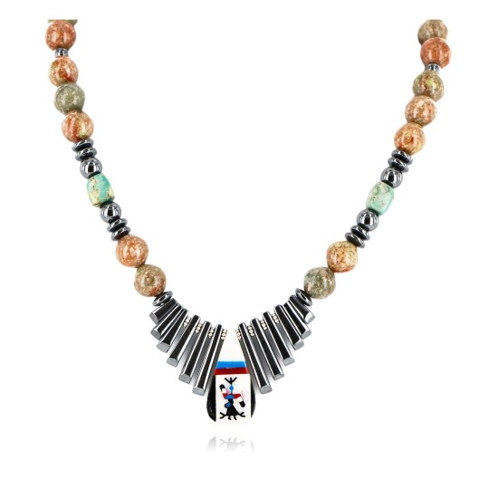 Inlaid Certified Authentic Navajo .925 Sterling Silver Turquoise Jasper Hematite Native American Necklace 750181-2