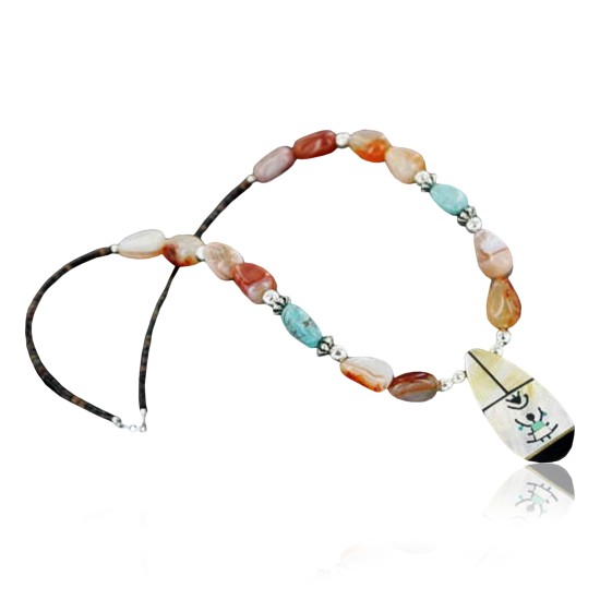 InlaidCertified Authentic Navajo .925 Sterling Silver Carnelian Turquoise Native American Necklace 390661410129