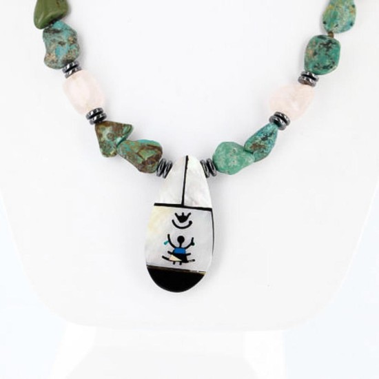 InlaidCertified Authentic Navajo .925 Sterling Silver Quartz Turquoise Native American Necklace 15824-15