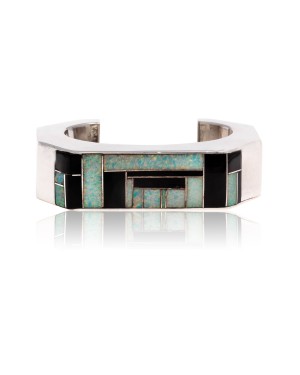 Inlay .925 Sterling Silver Certified Authentic Handmade Zuni Native American Opal and Black Onyx Cuff Bracelet 12469