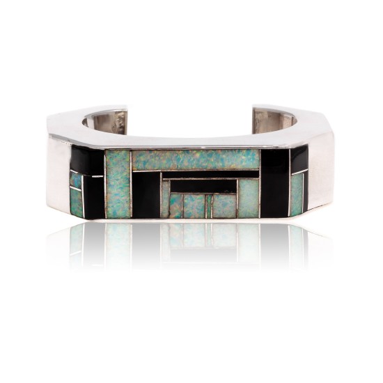 Inlay .925 Sterling Silver Certified Authentic Handmade Zuni Native American Opal and Black Onyx Cuff Bracelet 12469 Inlay .925 Sterling Silver Certified Authentic Handmade Zuni Native American Opal and Black Onyx Cuff Bracelet 12469