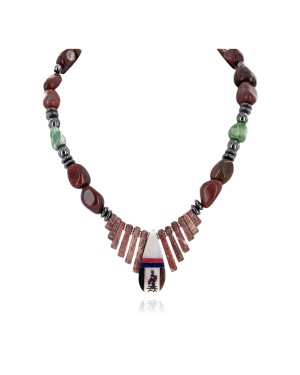 Inlay Certified Authentic Navajo .925 Sterling Silver Natural Turquoise Red Jasper Hematite Coral Mother of Pearl and Black Onyx Native American Necklace 750179-2
