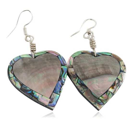 Inlay Heart Certified Authentic Navajo .925 Sterling Silver Hooks Natural Abalone Native American Dangle Earrings 18099-6