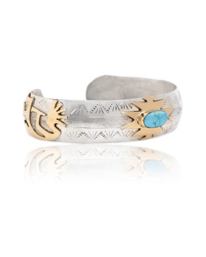 Kokopelli 12kt Gold Filled and .925 Sterling Silver Certified Authentic Handmade Delicate Navajo Native American Natural Turquoise Cuff Bracelet 12966-5