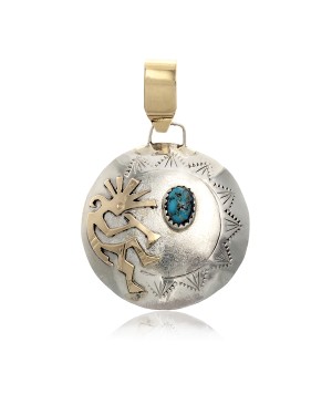 Kokopelli 12kt Gold Filled and .925 Sterling Silver Certified Authentic Handmade Navajo Native American Natural Turquoise Pendant 17042-8