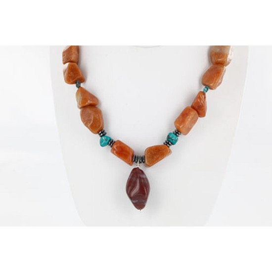 Certified Authentic Navajo .925 Sterling Silver Natural Carnelian Turquoise Jasper Native American Necklace 15800-32