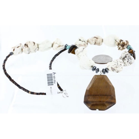 Large $220 Certified Authentic Navajo .925 Sterling Silver Natural Turquoise Tigers Eye Native American Necklace 750109-4