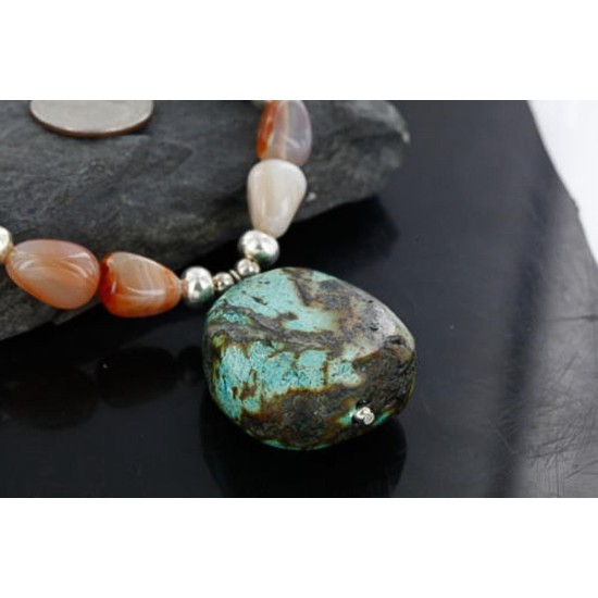 Large $250 Certified Authentic Navajo .925 Sterling Silver Natural Turquoise and Carnelian Native American Necklace 15773-2