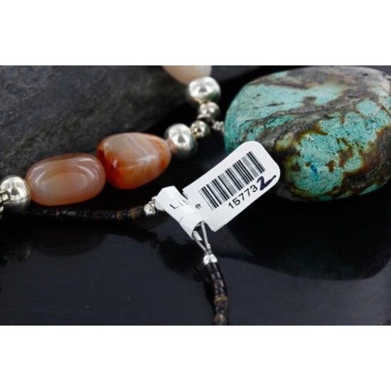 Large $250 Certified Authentic Navajo .925 Sterling Silver Natural Turquoise and Carnelian Native American Necklace 15773-2
