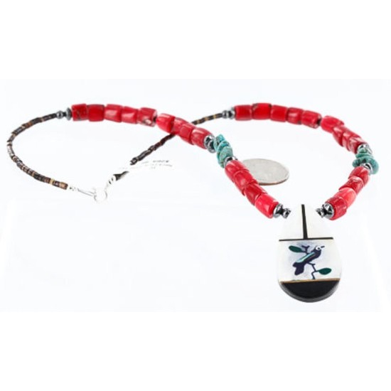 Large $270 Inlaid BirdCertified Authentic Navajo .925 Sterling Silver Coral Hematite Turquoise Native American Necklace 370999096148