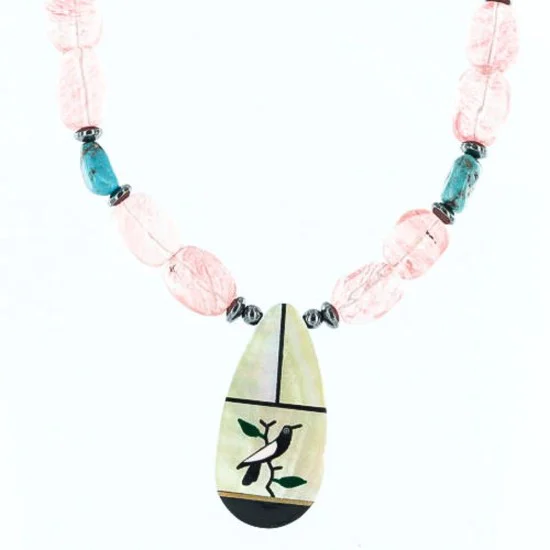 Inlaid Bird Navajo .925 Sterling Silver Quartz and Turquoise Native American Necklace 750108-5 Inlaid Bird Navajo .925 Sterling Silver Quartz and Turquoise Native American Necklace 750108-5