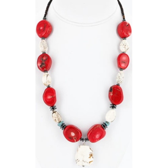 Certified Authentic Navajo .925 Sterling Silver WHITE Turquoise Turquoise CORAL Native American Necklace 750114-16