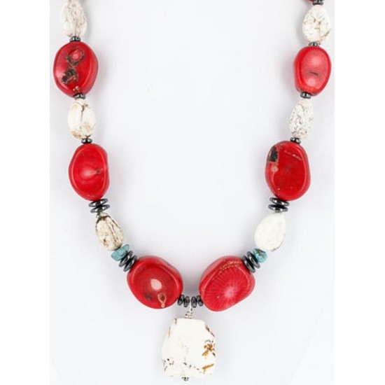 Certified Authentic Navajo .925 Sterling Silver WHITE Turquoise Turquoise CORAL Native American Necklace 750114-16