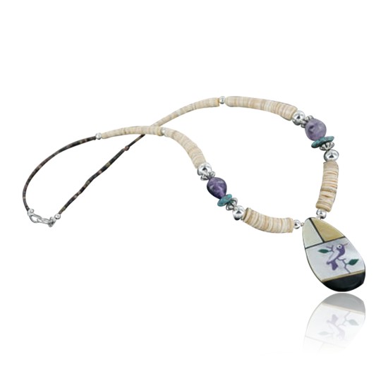 Large $300 Inlaid BirdCertified Authentic Navajo .925 Sterling Silver Graduated Melon Shell and Turquoise Native American Necklace 390718679490